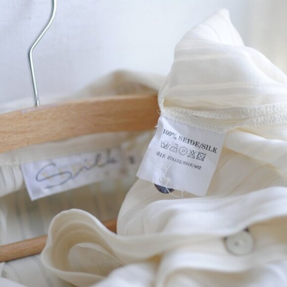 Vintage Silk Sheer Stripe Button Down Shirt _ Cream Silk Long Sleeve Women - Picture 8 of 9